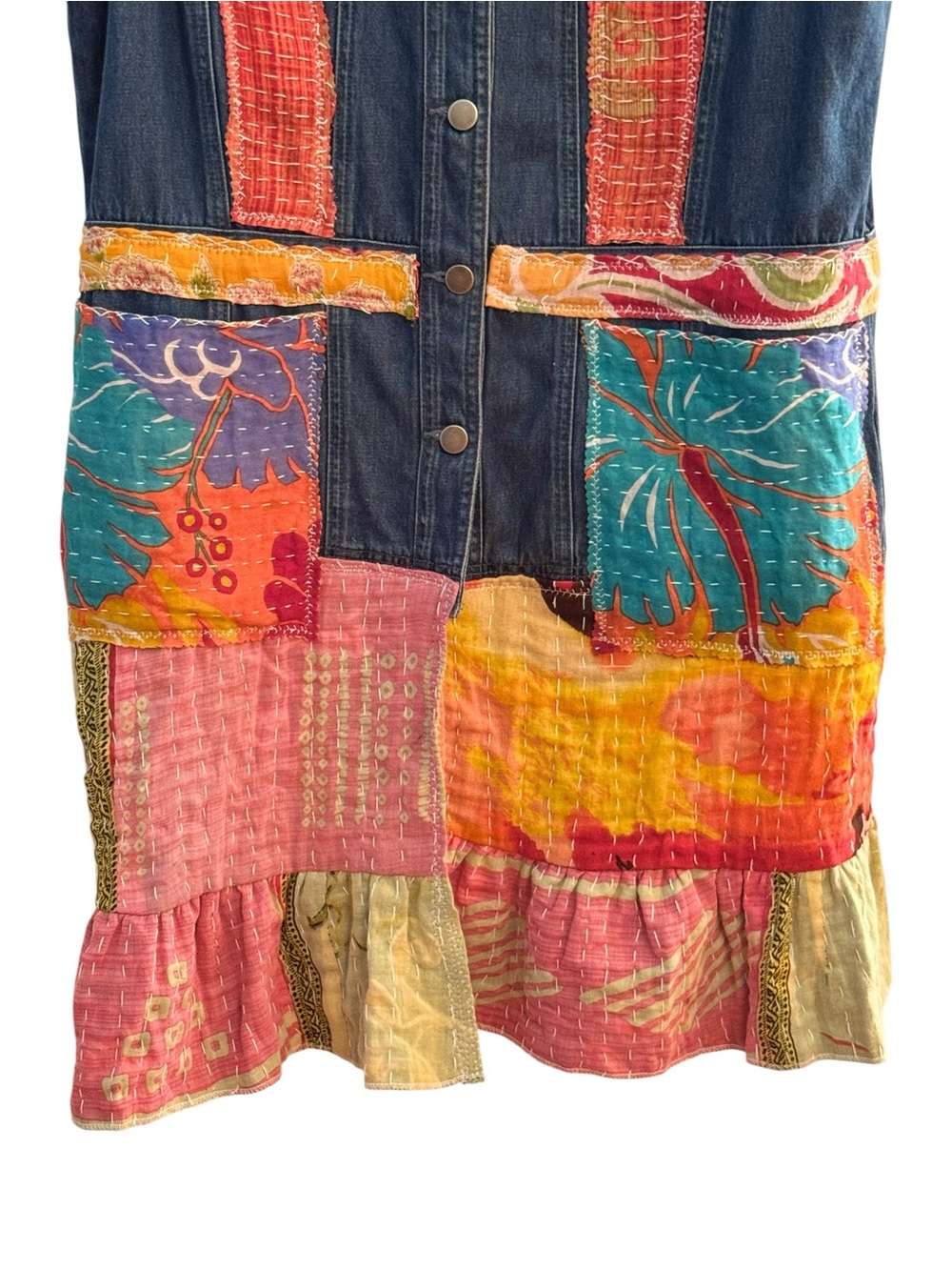 Upcycled Denim Duster Vest Kantha Patchwork Boho Wearable Art Festival Jacket L - Picture 3 of 8
